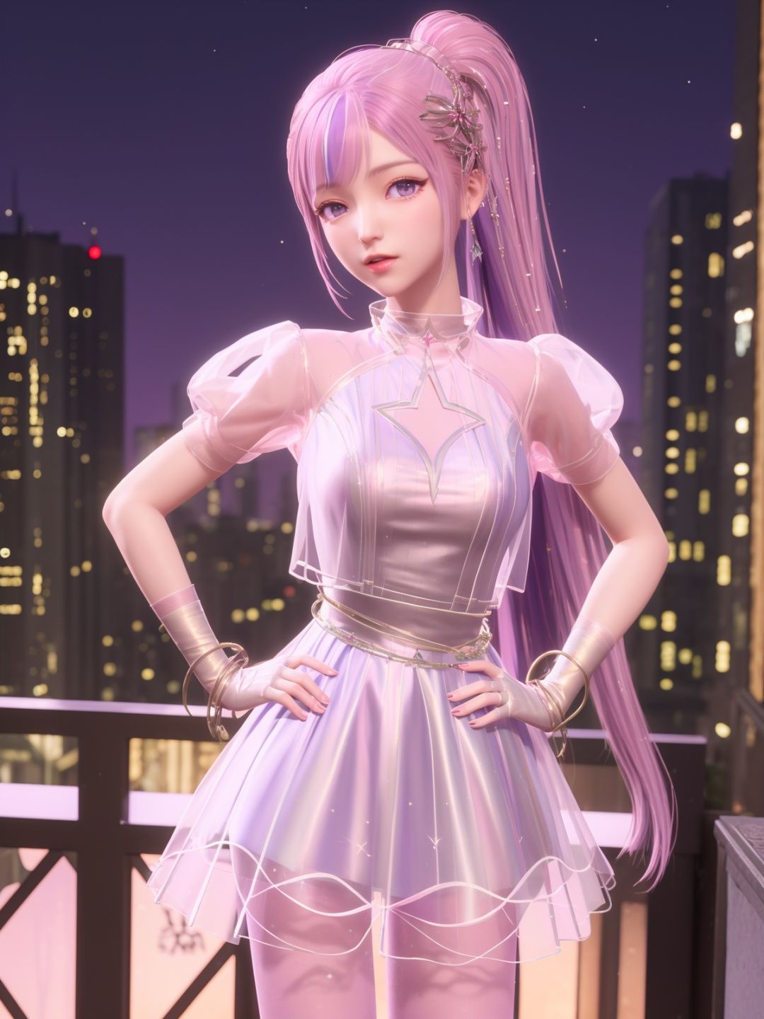SYNNxingmengyingli, solo, 1girl, long hair, purple eyes, jewelry, pantyhose, bracelet, ponytail, pink hair, hair ornament,dress,see-through,gloves,looking at viewer, clothing cutout,<lora:SYNNxingmengyingli:0.75>,cityscape, night, mature female, cowboy shot, hand on hip,