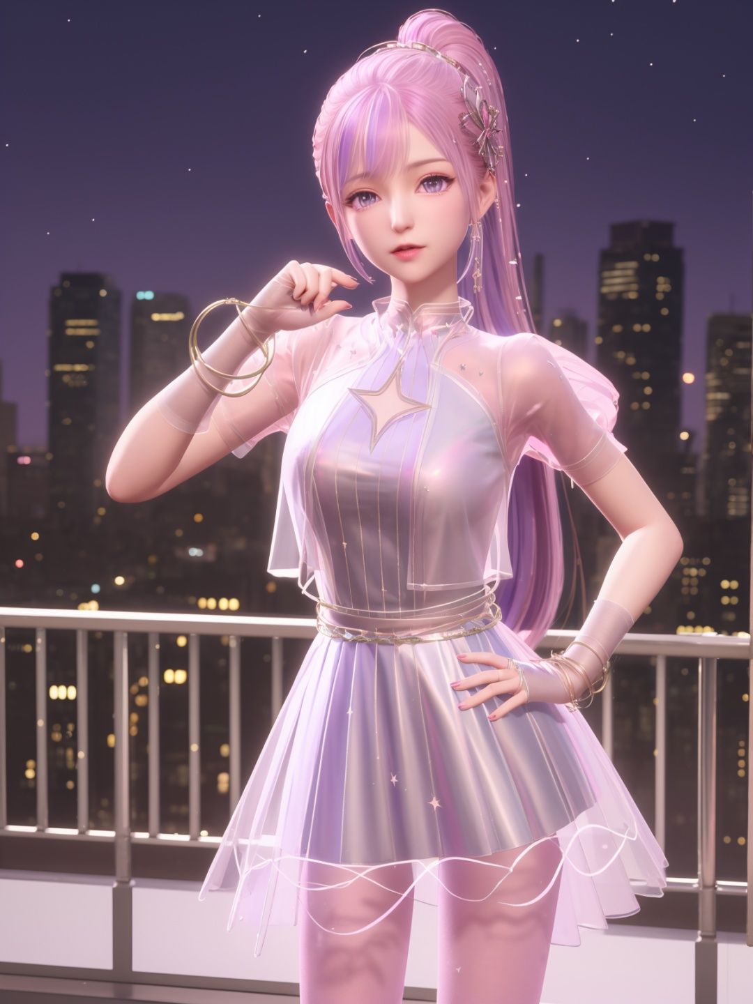 SYNNxingmengyingli, solo, 1girl, long hair, purple eyes, jewelry, pantyhose, bracelet, ponytail, pink hair, hair ornament,dress,see-through,gloves,looking at viewer, clothing cutout,<lora:SYNNxingmengyingli:0.75>,cityscape, night, mature female, cowboy shot, hand on hip,
