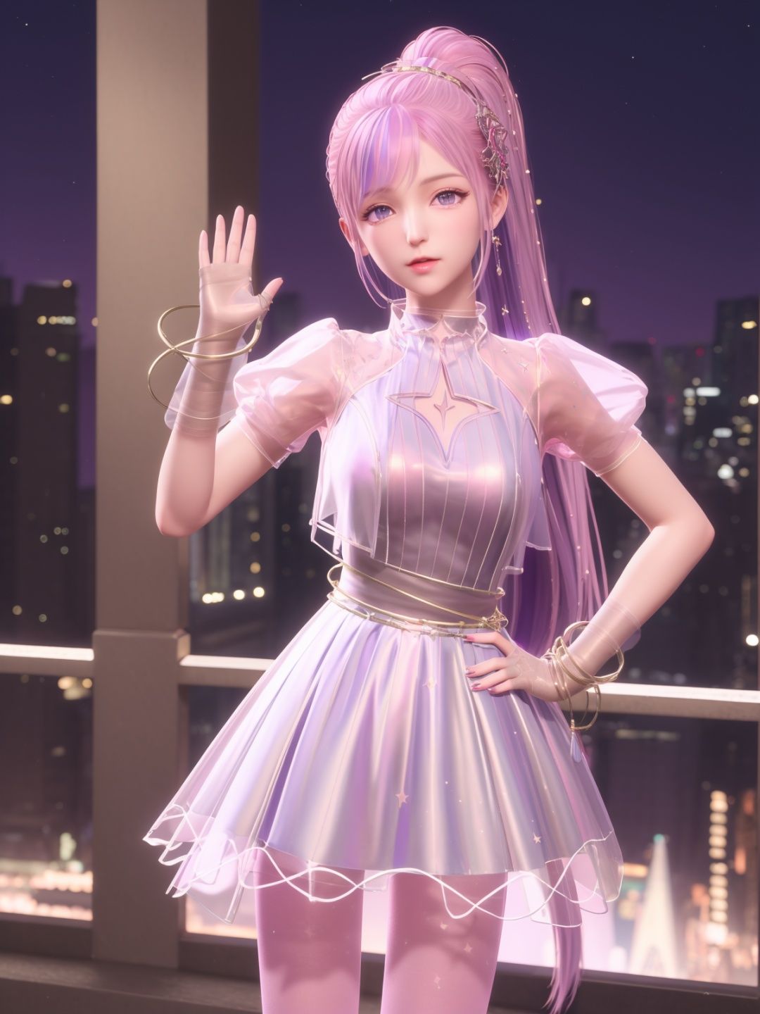 SYNNxingmengyingli, solo, 1girl, long hair, purple eyes, jewelry, pantyhose, bracelet, ponytail, pink hair, hair ornament,dress,see-through,gloves,looking at viewer, clothing cutout,<lora:SYNNxingmengyingli:0.75>,cityscape, night, mature female, cowboy shot, hand on hip,