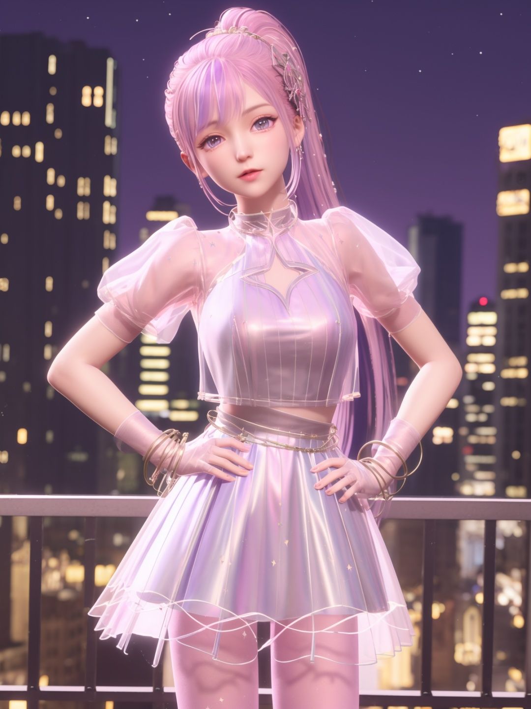 SYNNxingmengyingli, solo, 1girl, long hair, purple eyes, jewelry, pantyhose, bracelet, ponytail, pink hair, hair ornament,dress,see-through,gloves,looking at viewer, clothing cutout,<lora:SYNNxingmengyingli:0.75>,cityscape, night, mature female, cowboy shot, hand on hip,