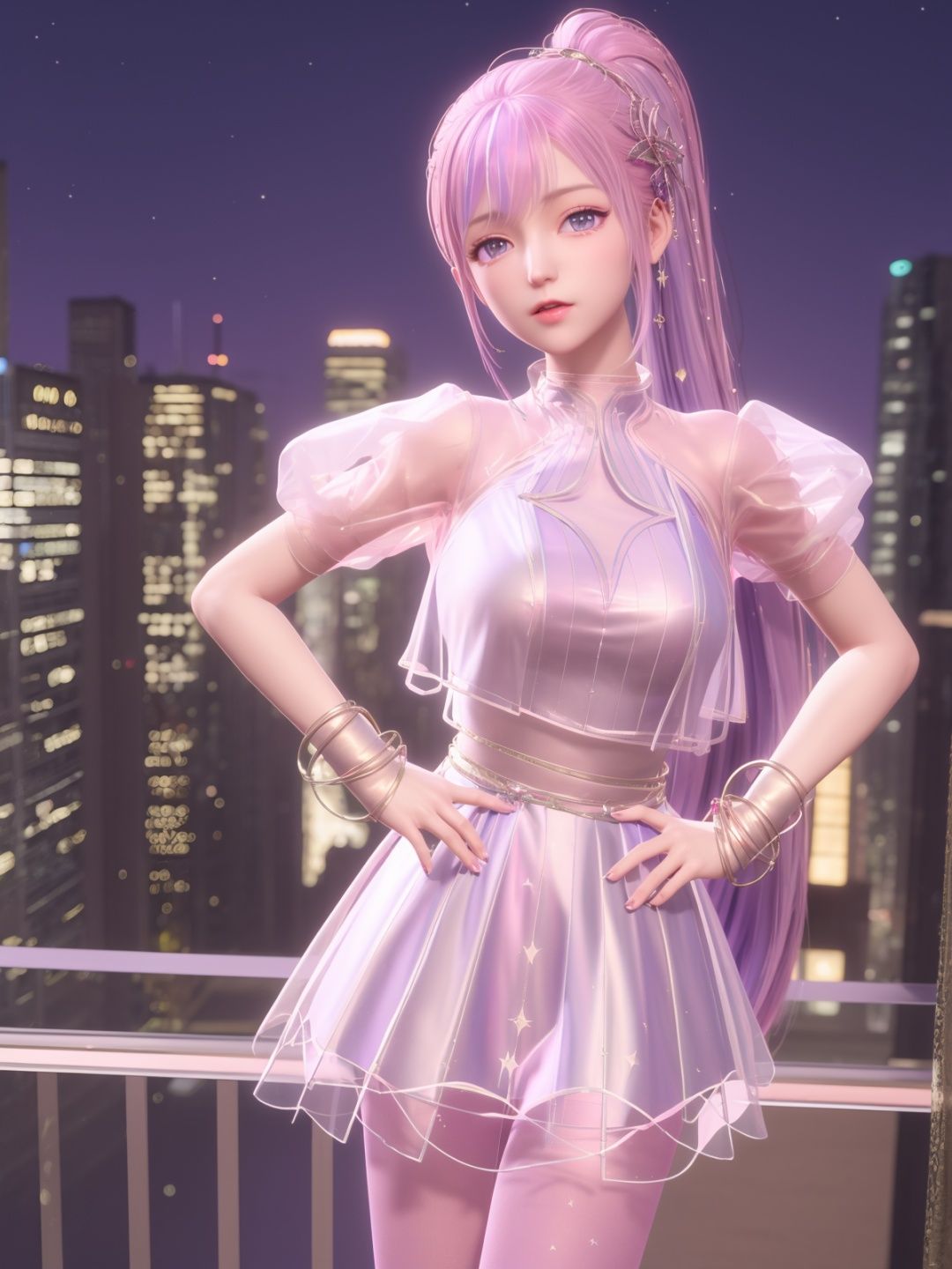 SYNNxingmengyingli, solo, 1girl, long hair, purple eyes, jewelry, pantyhose, bracelet, ponytail, pink hair, hair ornament,dress,see-through,gloves,looking at viewer, clothing cutout,<lora:SYNNxingmengyingli:0.75>,cityscape, night, mature female, cowboy shot, hand on hip,