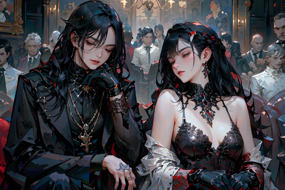 1mature female,jewelry, male focus, black hair, solo, earrings, ring, ((sitting)), closed eyes, black pants, pants, closed mouth, multicolored hair, sofa,  from side, wine, parted lips, gloves, gem, upper body, makeup,best quality, high resolution illustration, Amazing, highres, intricate detail, best illumination, best shadow, an extremely delicate and beautiful,looking at viewer,