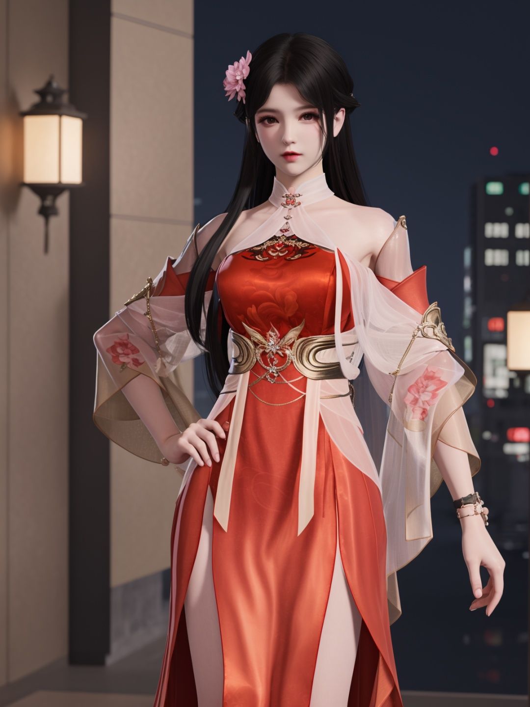 YJWJyingzipingXQNYHhuajianying, 1girl, long hair, dress, solo, black hair,jewelry, bare shoulders,see-through, obi,detached sleeves, sash,choker,chinese clothes, <lora:YJWJyingzipingXQNYHhuajianying:0.75>,looking at viewer, cityscape, night, mature female, hair flower,hand on hip, 