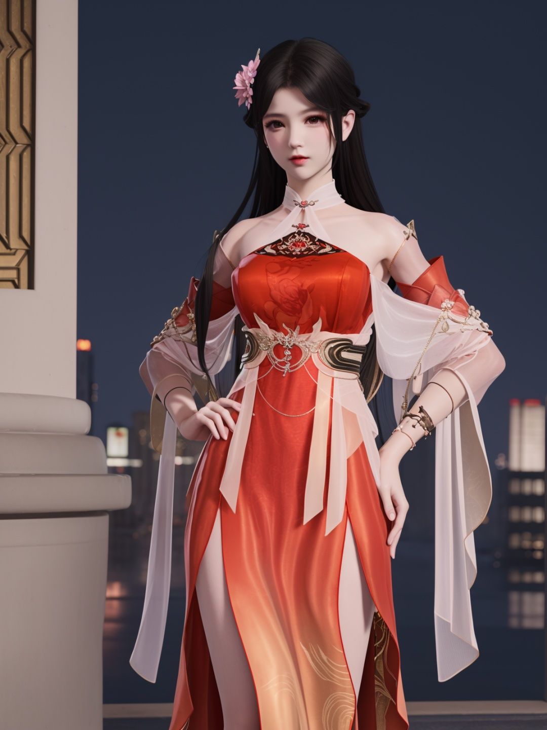 YJWJyingzipingXQNYHhuajianying, 1girl, long hair, dress, solo, black hair,jewelry, bare shoulders,see-through, obi,detached sleeves, sash,choker,chinese clothes, <lora:YJWJyingzipingXQNYHhuajianying:0.75>,looking at viewer, cityscape, night, mature female, hair flower,hand on hip, 