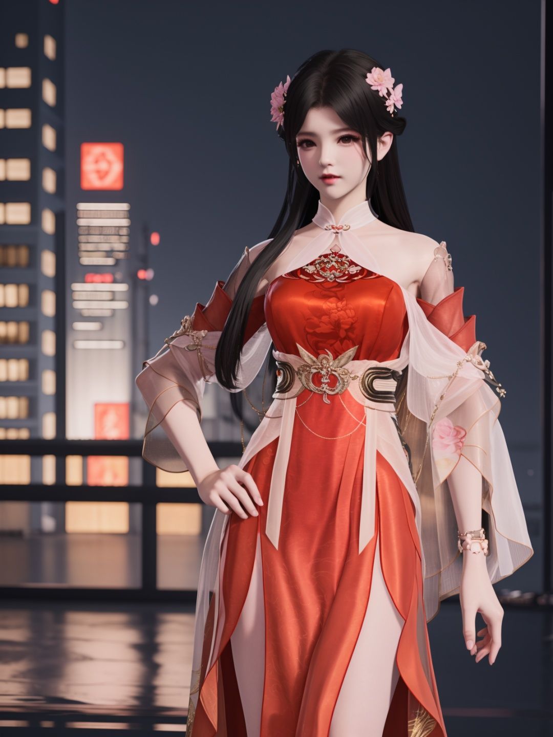 YJWJyingzipingXQNYHhuajianying, 1girl, long hair, dress, solo, black hair,jewelry, bare shoulders,see-through, obi,detached sleeves, sash,choker,chinese clothes, <lora:YJWJyingzipingXQNYHhuajianying:0.75>,looking at viewer, cityscape, night, mature female, hair flower,hand on hip, 