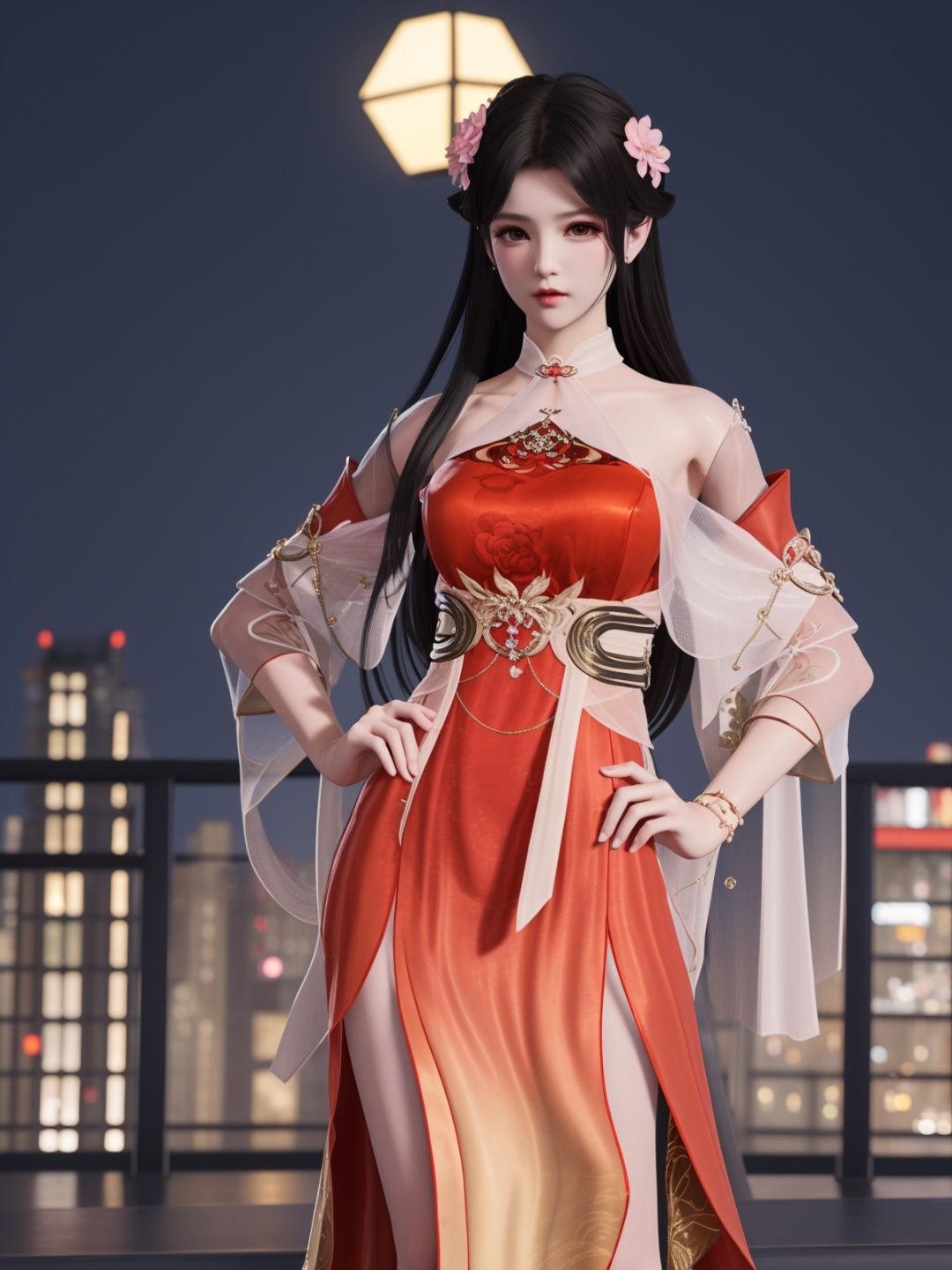 YJWJyingzipingXQNYHhuajianying, 1girl, long hair, dress, solo, black hair,jewelry, bare shoulders,see-through, obi,detached sleeves, sash,choker,chinese clothes, <lora:YJWJyingzipingXQNYHhuajianying:0.75>,looking at viewer, cityscape, night, mature female, hair flower,hand on hip, 