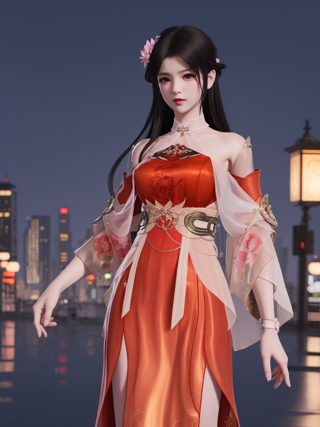 YJWJyingzipingXQNYHhuajianying, 1girl, long hair, dress, solo, black hair,jewelry, bare shoulders,see-through, obi,detached sleeves, sash,choker,chinese clothes, <lora:YJWJyingzipingXQNYHhuajianying:0.75>,looking at viewer, cityscape, night, mature female, hair flower,hand on hip, 