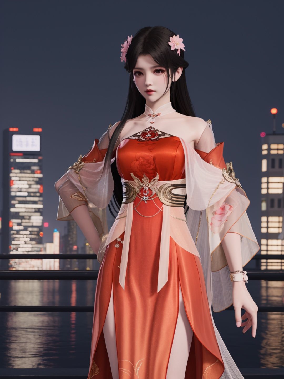 YJWJyingzipingXQNYHhuajianying, 1girl, long hair, dress, solo, black hair,jewelry, bare shoulders,see-through, obi,detached sleeves, sash,choker,chinese clothes, <lora:YJWJyingzipingXQNYHhuajianying:0.75>,looking at viewer, cityscape, night, mature female, hair flower,hand on hip, 