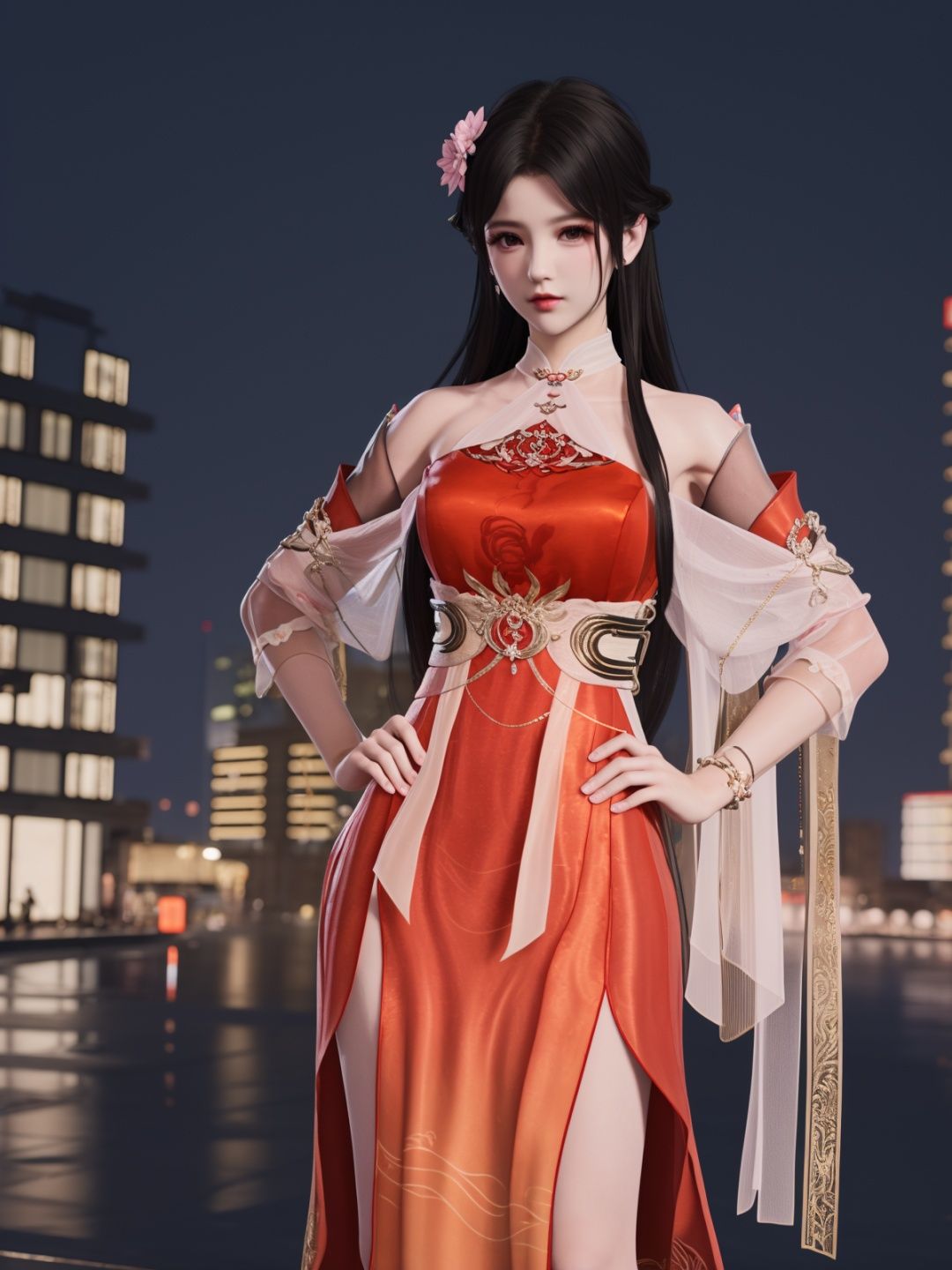 YJWJyingzipingXQNYHhuajianying, 1girl, long hair, dress, solo, black hair,jewelry, bare shoulders,see-through, obi,detached sleeves, sash,choker,chinese clothes, <lora:YJWJyingzipingXQNYHhuajianying:0.75>,looking at viewer, cityscape, night, mature female, hair flower,hand on hip, 