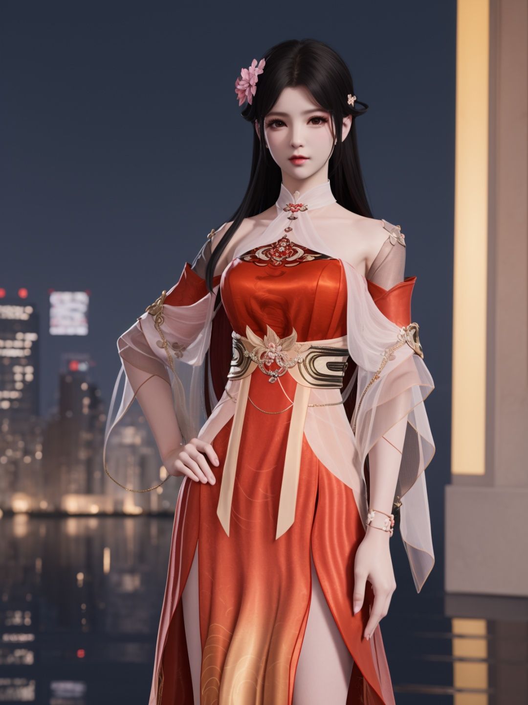 YJWJyingzipingXQNYHhuajianying, 1girl, long hair, dress, solo, black hair,jewelry, bare shoulders,see-through, obi,detached sleeves, sash,choker,chinese clothes, <lora:YJWJyingzipingXQNYHhuajianying:0.75>,looking at viewer, cityscape, night, mature female, hair flower,hand on hip, 