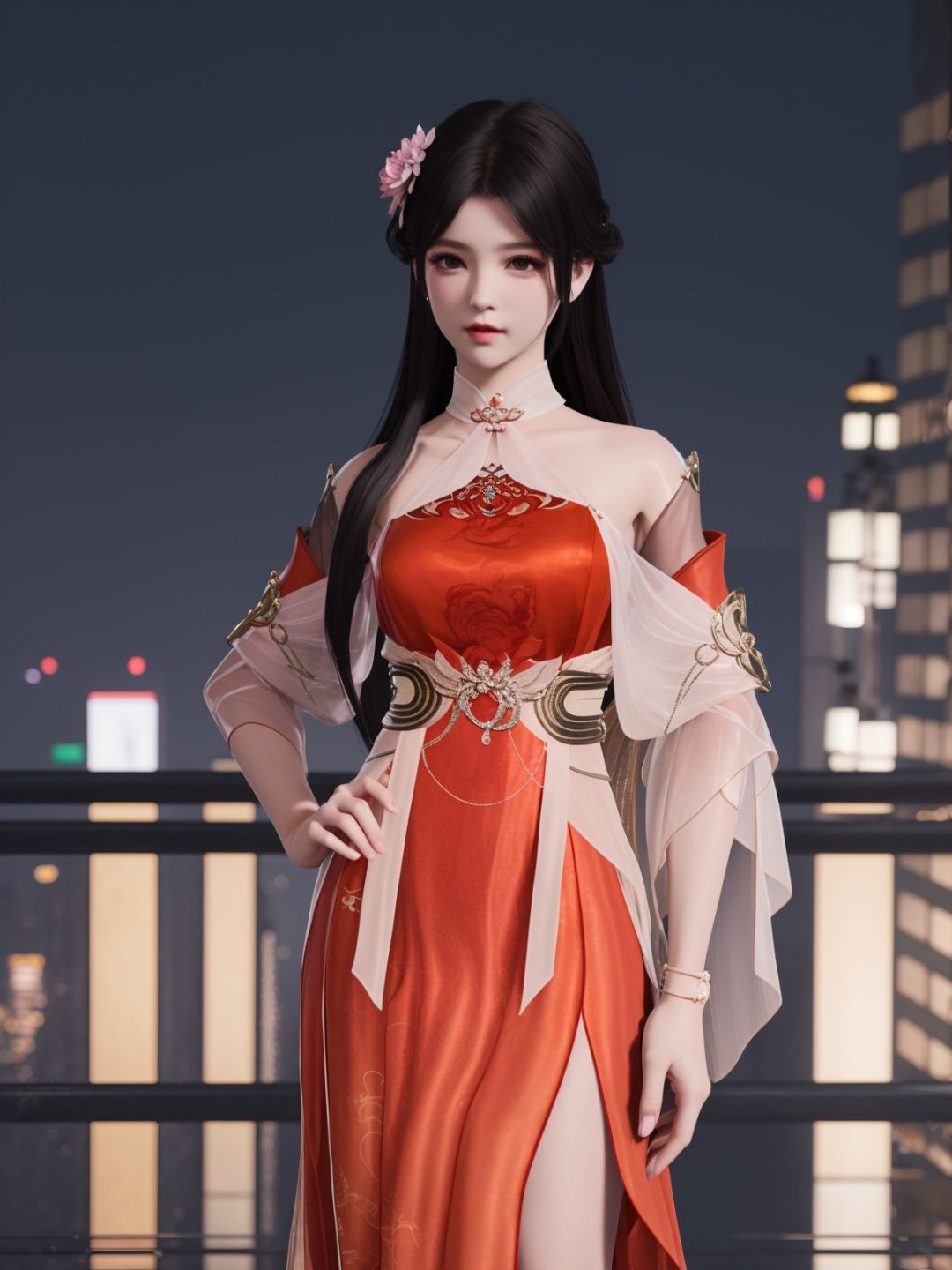 YJWJyingzipingXQNYHhuajianying, 1girl, long hair, dress, solo, black hair,jewelry, bare shoulders,see-through, obi,detached sleeves, sash,choker,chinese clothes, <lora:YJWJyingzipingXQNYHhuajianying:0.75>,looking at viewer, cityscape, night, mature female, hair flower,hand on hip, 