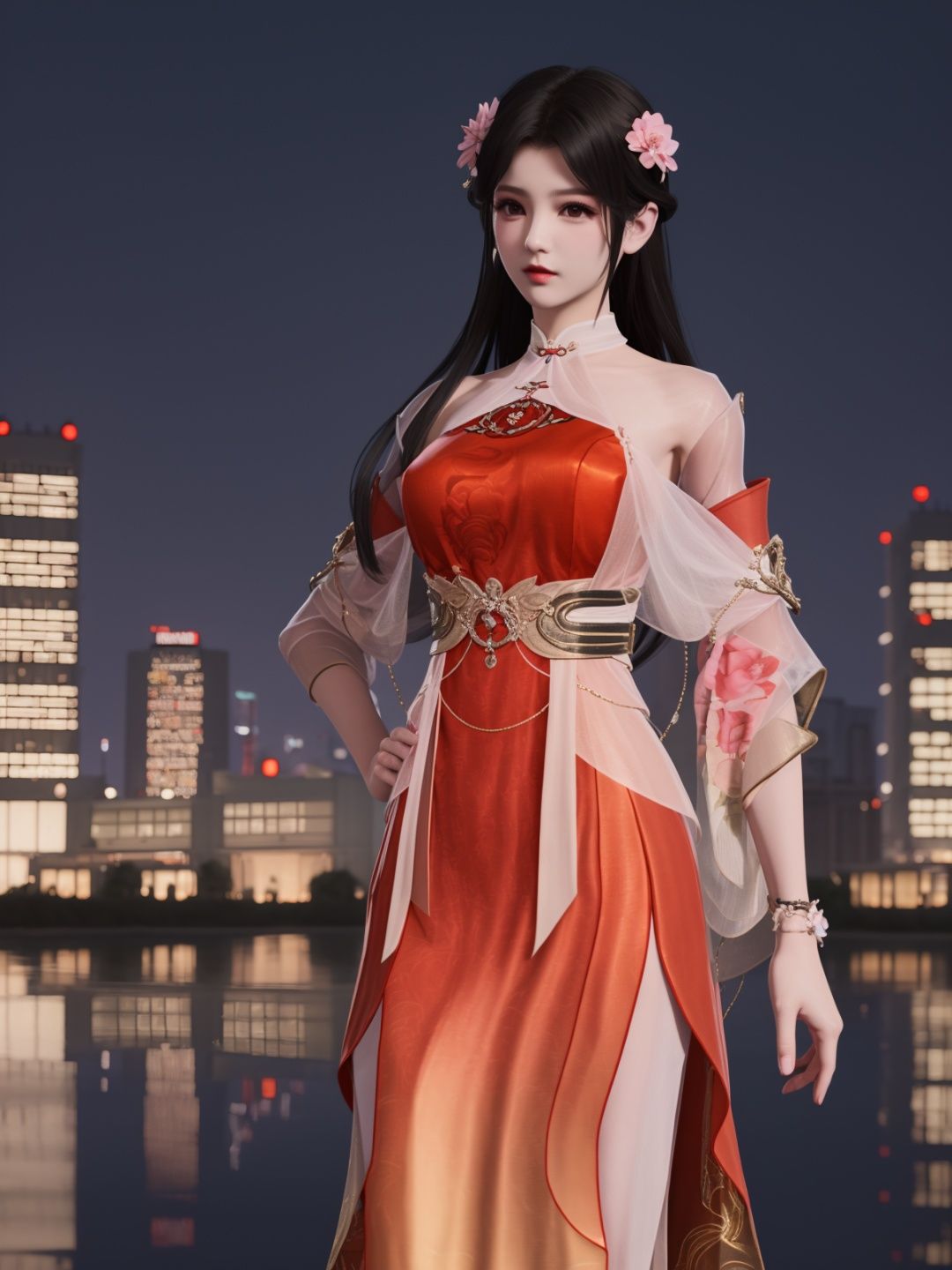 YJWJyingzipingXQNYHhuajianying, 1girl, long hair, dress, solo, black hair,jewelry, bare shoulders,see-through, obi,detached sleeves, sash,choker,chinese clothes, <lora:YJWJyingzipingXQNYHhuajianying:0.75>,looking at viewer, cityscape, night, mature female, hair flower,hand on hip, 