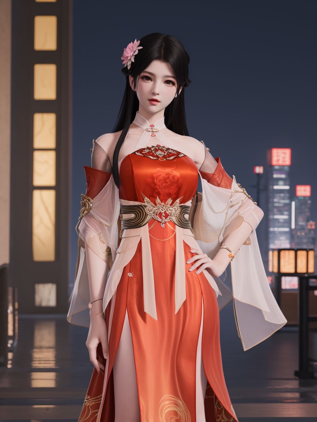 YJWJyingzipingXQNYHhuajianying, 1girl, long hair, dress, solo, black hair,jewelry, bare shoulders,see-through, obi,detached sleeves, sash,choker,chinese clothes, <lora:YJWJyingzipingXQNYHhuajianying:0.75>,looking at viewer, cityscape, night, mature female, hair flower,hand on hip, 
