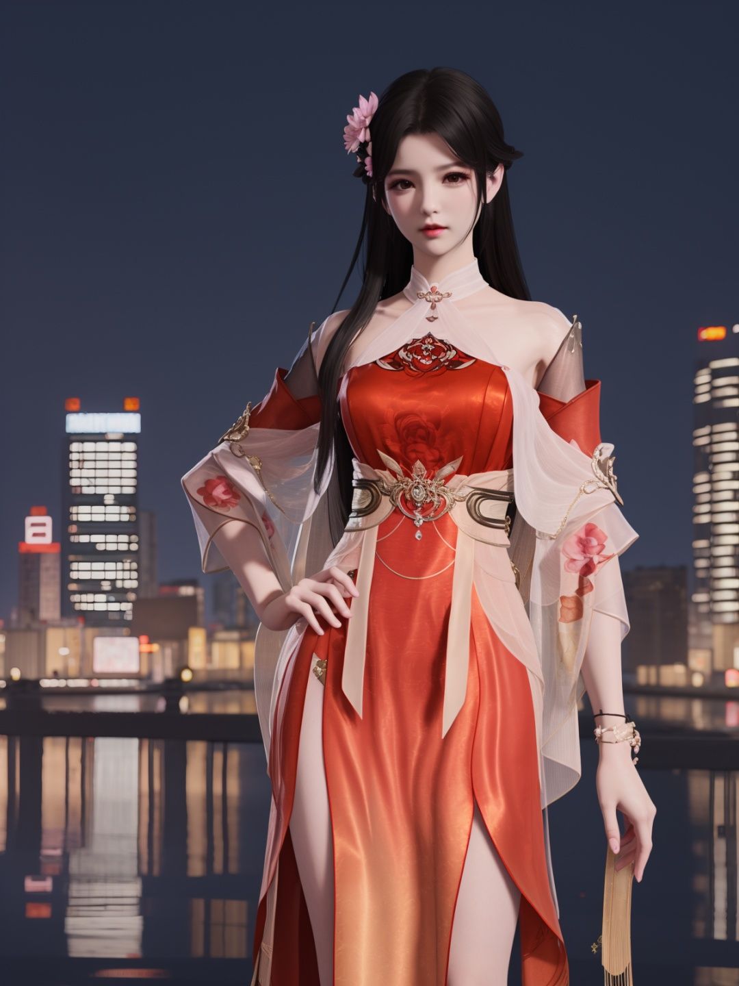 YJWJyingzipingXQNYHhuajianying, 1girl, long hair, dress, solo, black hair,jewelry, bare shoulders,see-through, obi,detached sleeves, sash,choker,chinese clothes, <lora:YJWJyingzipingXQNYHhuajianying:0.75>,looking at viewer, cityscape, night, mature female, hair flower,hand on hip, 
