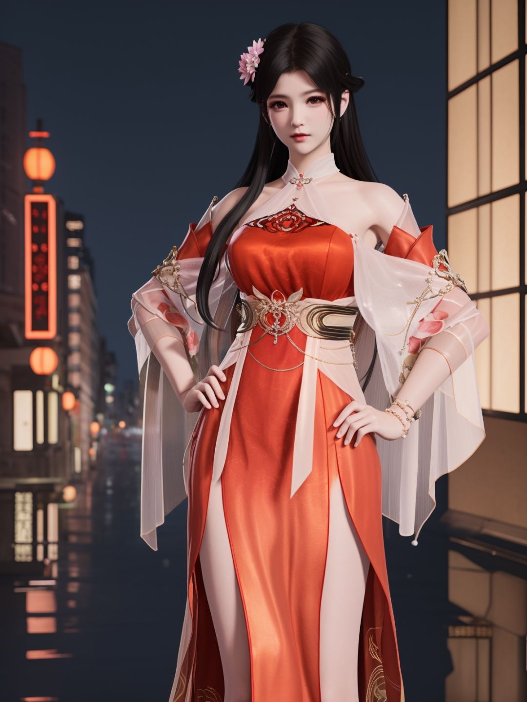 YJWJyingzipingXQNYHhuajianying, 1girl, long hair, dress, solo, black hair,jewelry, bare shoulders,see-through, obi,detached sleeves, sash,choker,chinese clothes, <lora:YJWJyingzipingXQNYHhuajianying:0.75>,looking at viewer, cityscape, night, mature female, hair flower,hand on hip, 