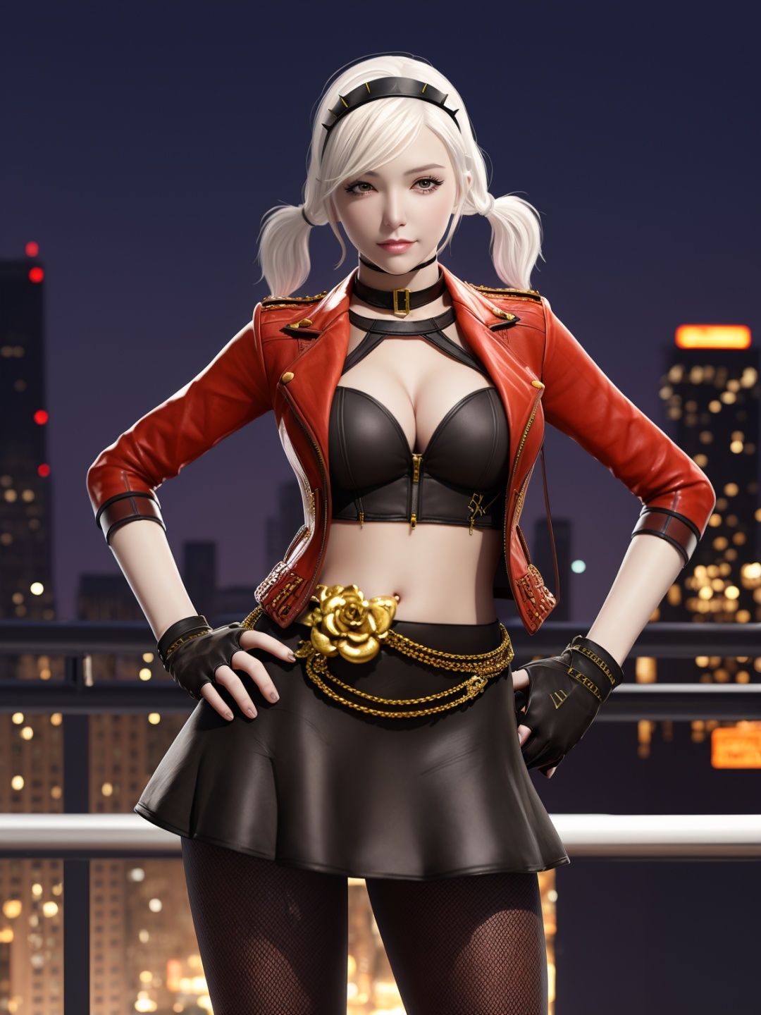 CFshenpanzheQF, 1girl, solo, gloves, breasts, skirt, jacket, midriff, hairband, short twintails, choker, fishnet pantyhose,cowboy shot,white hair, <lora:CFshenpanzheQF:0.75>,cityscape, night, looking at viewer, mature female, hand on hip,