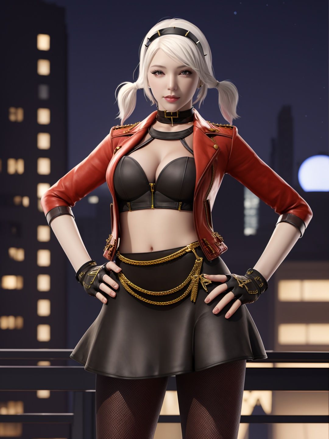 CFshenpanzheQF, 1girl, solo, gloves, breasts, skirt, jacket, midriff, hairband, short twintails, choker, fishnet pantyhose,cowboy shot,white hair, <lora:CFshenpanzheQF:0.75>,cityscape, night, looking at viewer, mature female, hand on hip,