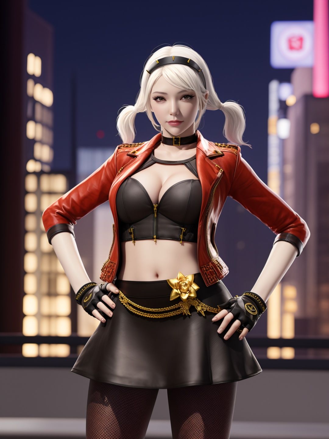CFshenpanzheQF, 1girl, solo, gloves, breasts, skirt, jacket, midriff, hairband, short twintails, choker, fishnet pantyhose,cowboy shot,white hair, <lora:CFshenpanzheQF:0.75>,cityscape, night, looking at viewer, mature female, hand on hip,