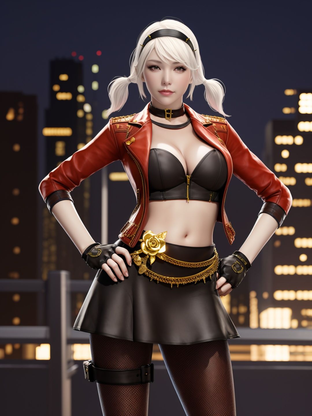 CFshenpanzheQF, 1girl, solo, gloves, breasts, skirt, jacket, midriff, hairband, short twintails, choker, fishnet pantyhose,cowboy shot,white hair, <lora:CFshenpanzheQF:0.75>,cityscape, night, looking at viewer, mature female, hand on hip,