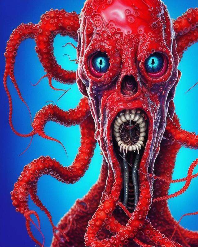 a skinny attractive sks man is mutating into an octopus creature. His skin is transparent and blue red colors. He glistens...