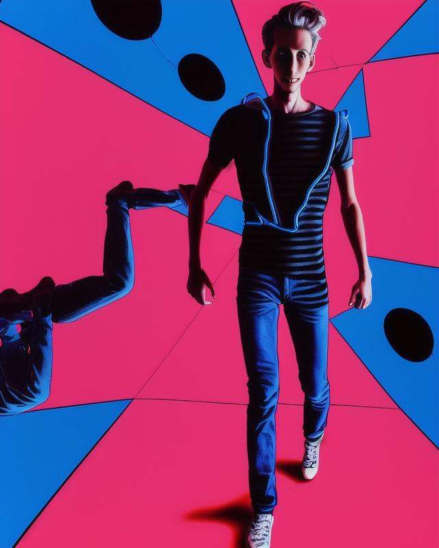 a skinny attractive sks man is mutating into an optical illusion,  zip zag,  busy colors on Tensor.Art