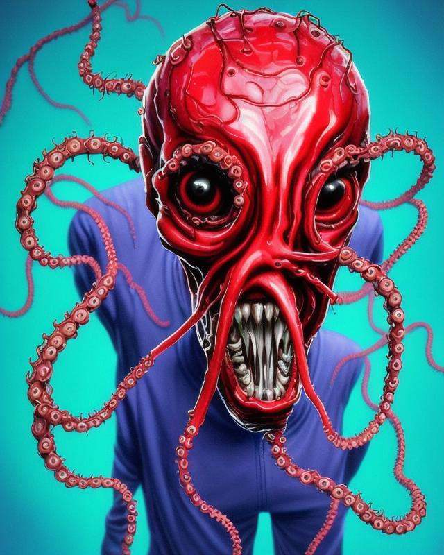 a skinny attractive sks man is mutating into an octopus creature. His skin is transparent and blue red colors. He glistens...