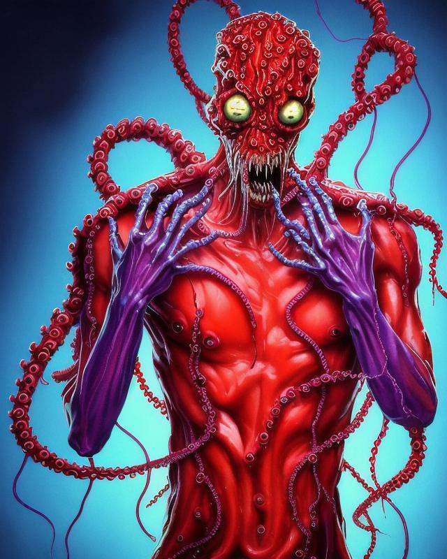 a skinny attractive sks man is mutating into an octopus creature. His skin is transparent and blue red colors. He glistens...