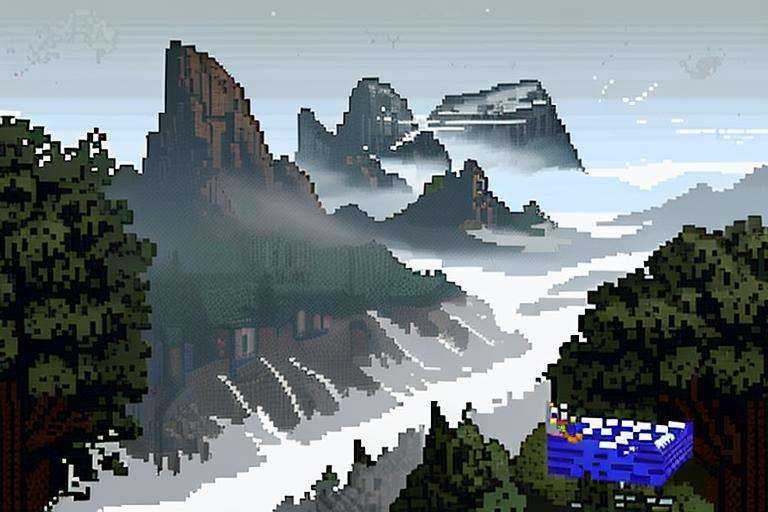 (Pixel art:1.4), firm stance, combat stance, Focus on (Sorcerer, Mogul, Tall, Ripped, Triangular Face, Olive Skin, Gray Hair, Gray Eyes, Wide Nose, Thick Lips, Sharp Chin, Friendly Mutton Chops, Very Long, Curly, Misty mountains towering over a vast, misty valley) 