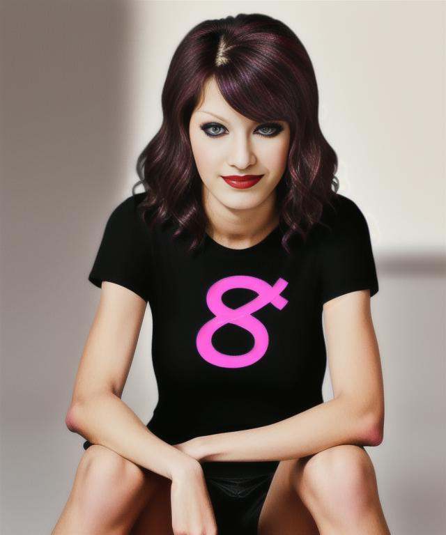 a yearbook portrait a skinny attractive jewish junemodel woman is sitting posing for a photo,  black logo t-shirt,  curly...