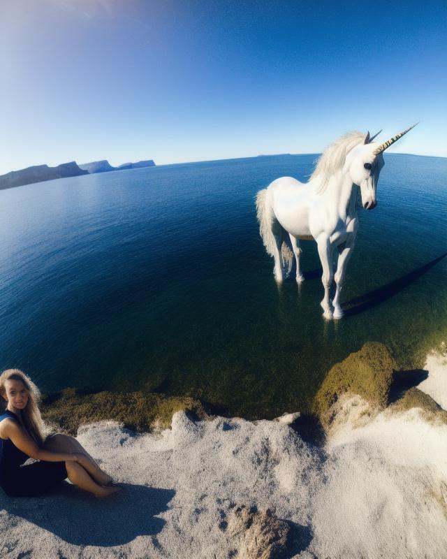 a portrait of an sks style Unicorn,  sitting in a cove by the sea shore,  go pro view on Tensor.Art