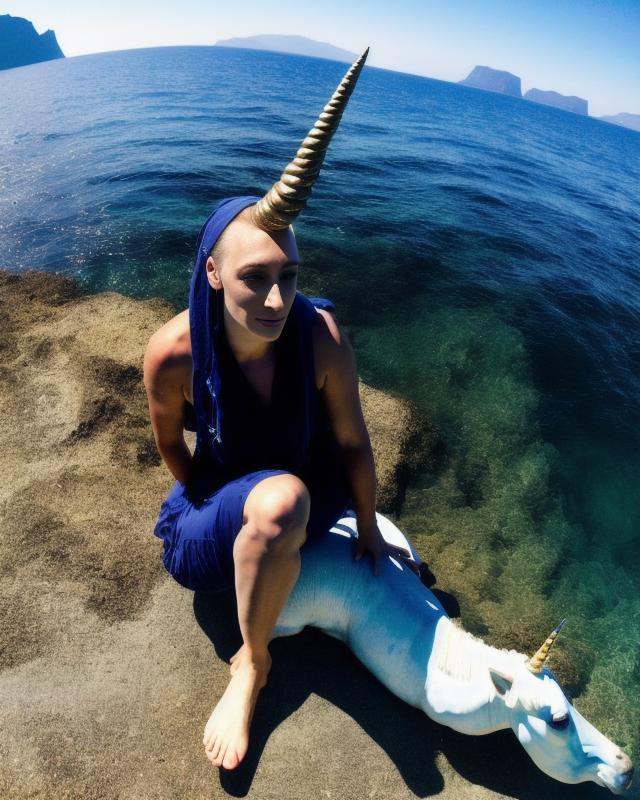 a portrait of an sks style Unicorn,  sitting in a cove by the sea shore,  go pro view on Tensor.Art