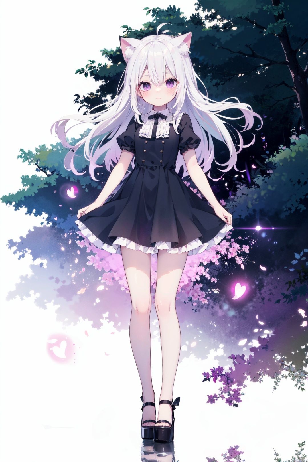  (loli:1.2), (petite:1.2), ((masterpiece, best quality)), 1girl, solo, cuty face, Beautiful detailed eye, full body, standing, dynamic pose, ray tracing, Reflected light, (very detailed light), (Beautiful Lighting)++++(best quality), [(white background:1.4)::10], [(Lake and forest background:1.2):5], masterpiece, best quality, medium breast, bust, best quality, beautiful detailed eyes, (white hair:1.4), (pink gradient hair:1.2), wavy hair, disheveled hair, cat ears, messy hair, long bangs, hairs between eyes, extremely detailed, floating hair, highleg, solo, best quality, masterpiece, highres, original, extremely detailed wallpaper, {an extremely delicate and beautiful}, heart antenna hair, purple eyes, {beautiful eyes},ll-hd, mz-hd