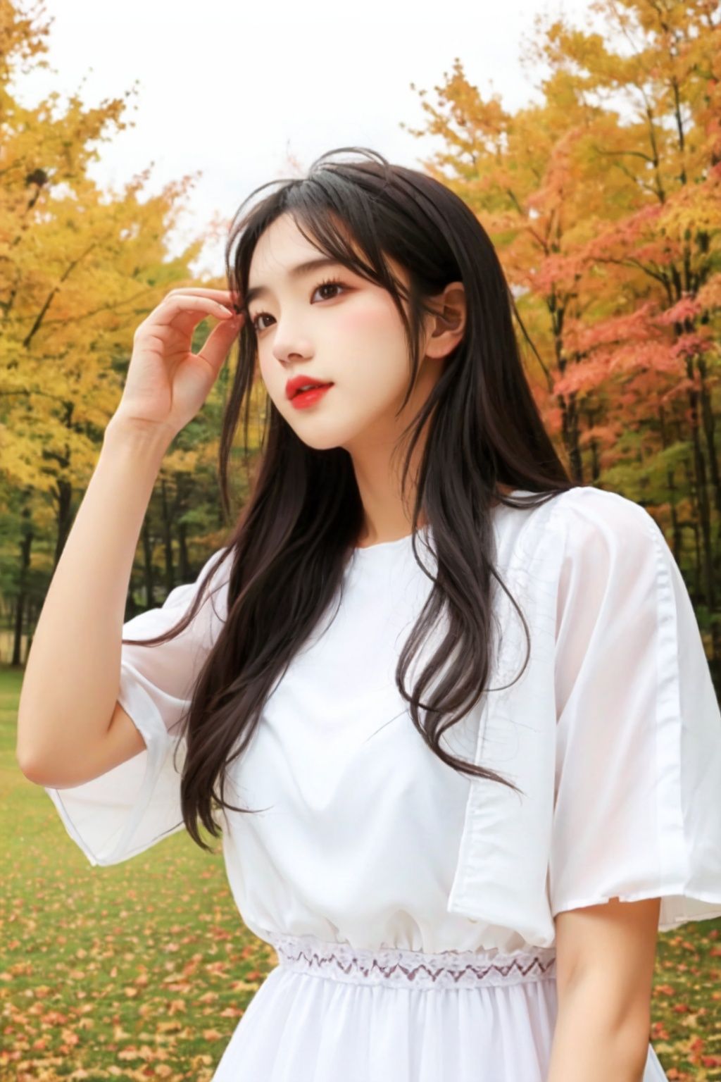 1 girl, white dress, black long hair, qt, autumn,hm,qt