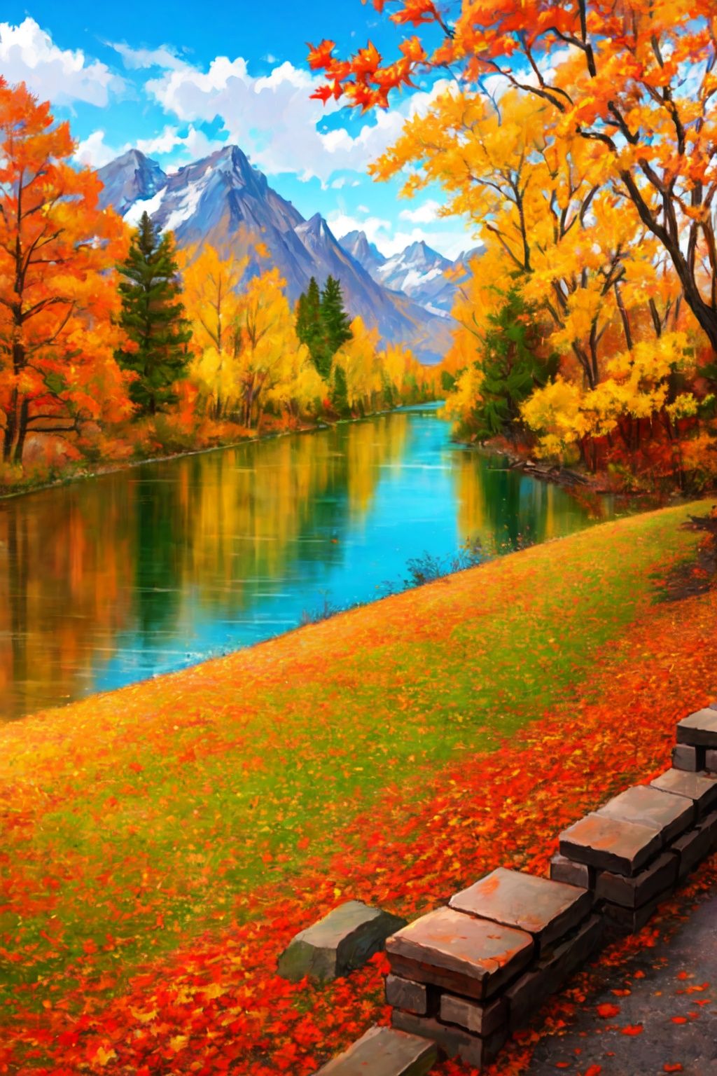 qt, autumn, mountains, flowing water, fallen leaves, parks