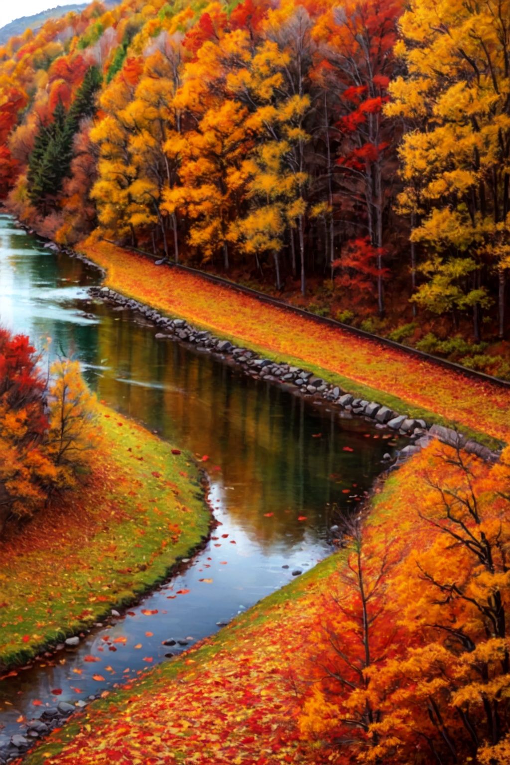 qt, autumn, mountains, flowing water, fallen leaves, parks