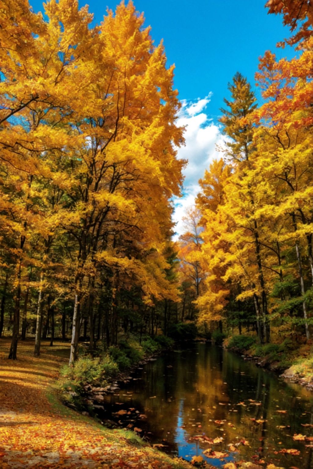 qt, autumn, mountains, flowing water, fallen leaves, parks