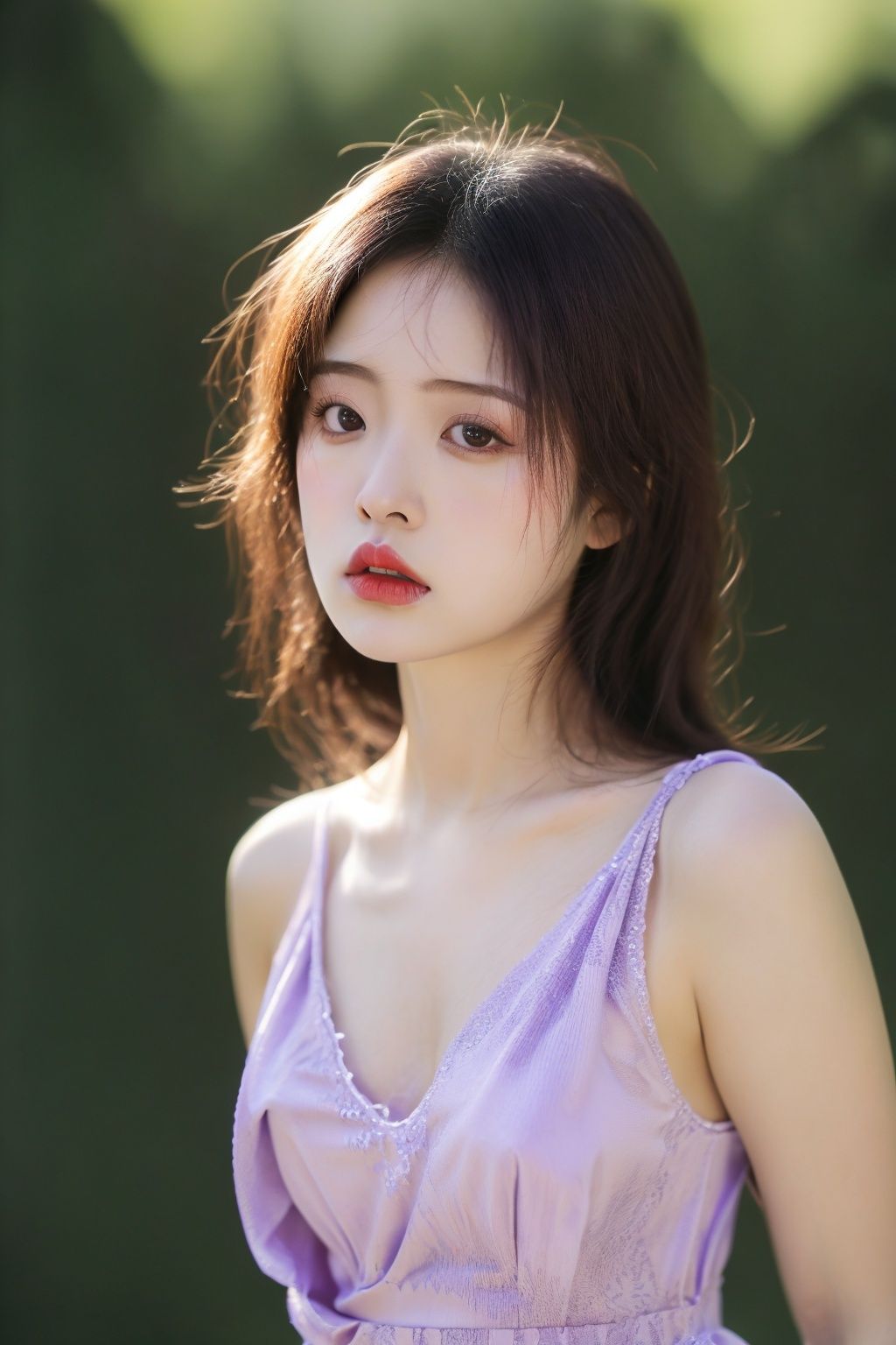 1girl,incredibly absurdres,huge filesize,asian,realistic,looking_at_viewer,looking_down,absurdres,real,photo,light,reality,dress,darkorchid,purple,