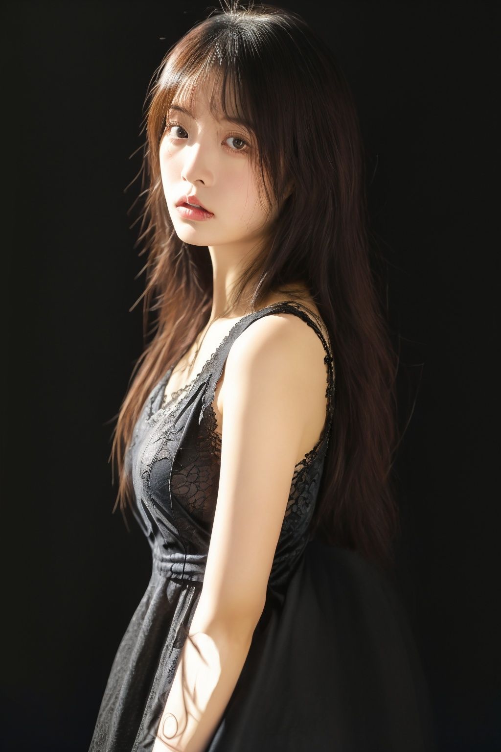 1girl,incredibly absurdres,huge filesize,asian,realistic,looking_at_viewer,looking_down,absurdres,real,photo,light,reality,black_background,dress,lace-trimmed_dress,