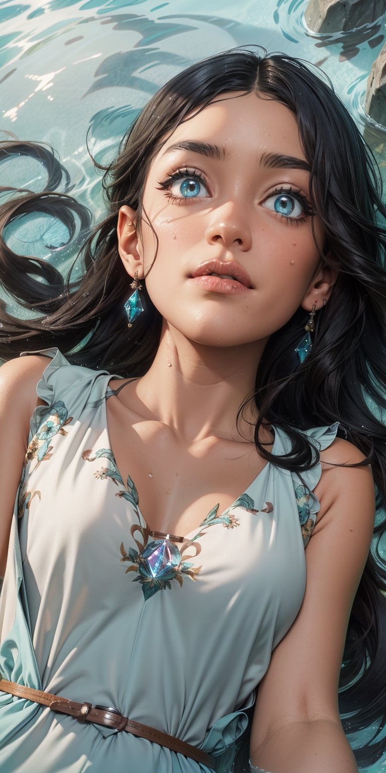 The girl's face looks out of the water,  lying in the water,  turquoise eyes on Tensor.Art