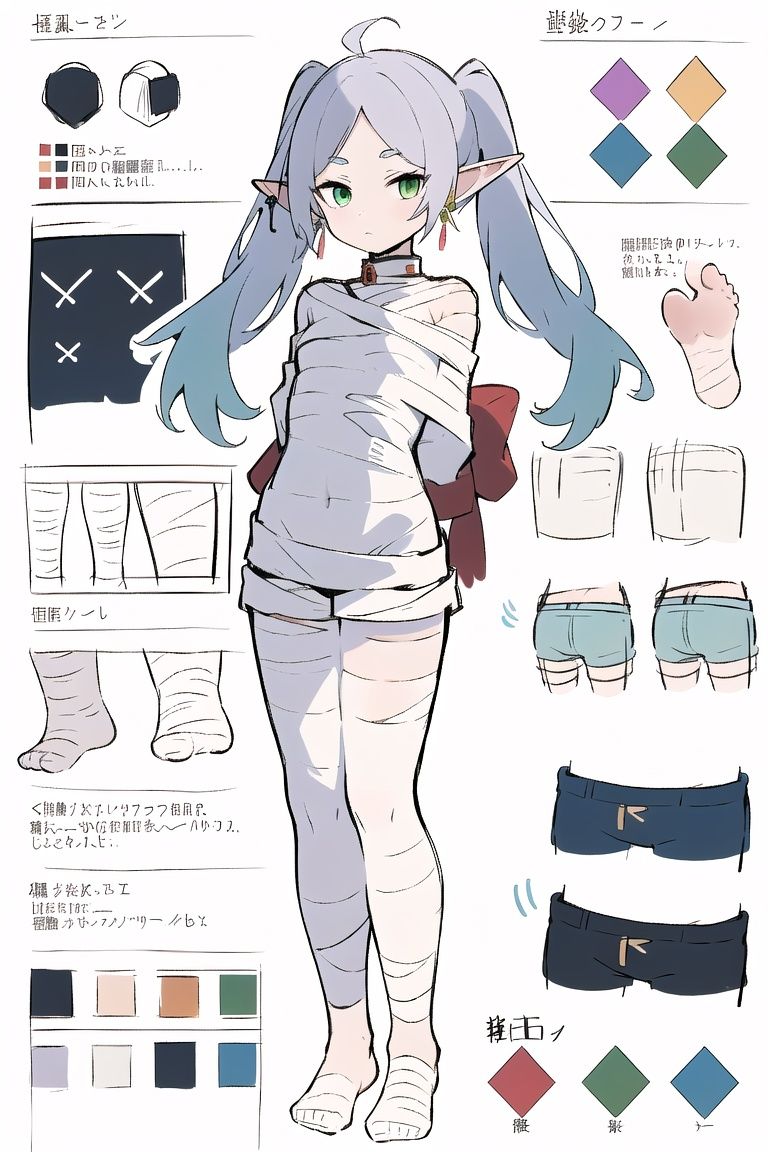 multiple views, pencil sketch, (sketch:1.25), (little girl,small breasts,), ((no shoes)), shy, best quality, graphite \\(medium\\), ske, gradient, rainbow, note, Line draft, highres, absurdres, (ultra-detailed:1.1), (illustration:1.1), (infographic:1.2), pajamas, (all clothes configuration:1.15), (solo), perfectly drawn hands, standing, cohesive background, paper, action, (character design:1.1), <lora:Concept】【Costume】Mummy Bondage 木乃伊拘束服装:1>,mummification \(bound\),bandages,arms behind back<lora:fll-v100:0.75:lbw=OUTALL>, fll, twintails, 1girl, pointy ears, round face, white hair, green eyes, elf, long hair, earrings, 