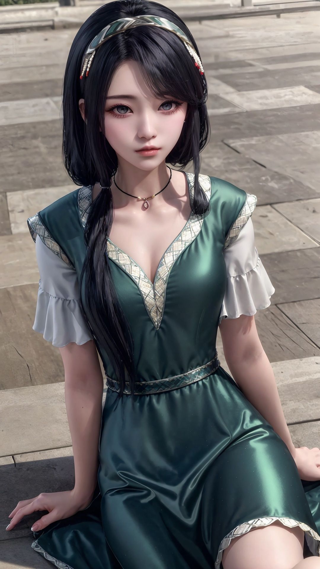 Best quality,Ultra High Definition,A girl,Long black hair,Long gray hair,Floating Hair,Green Dress,(Sitting on the ground),solo,Looking at the viewer,White background,Glossy solid color,,<lora:71628288892a44a00519cb94e8f2fd483e83d136b8fc849d268181e2f15e3673:0.6>