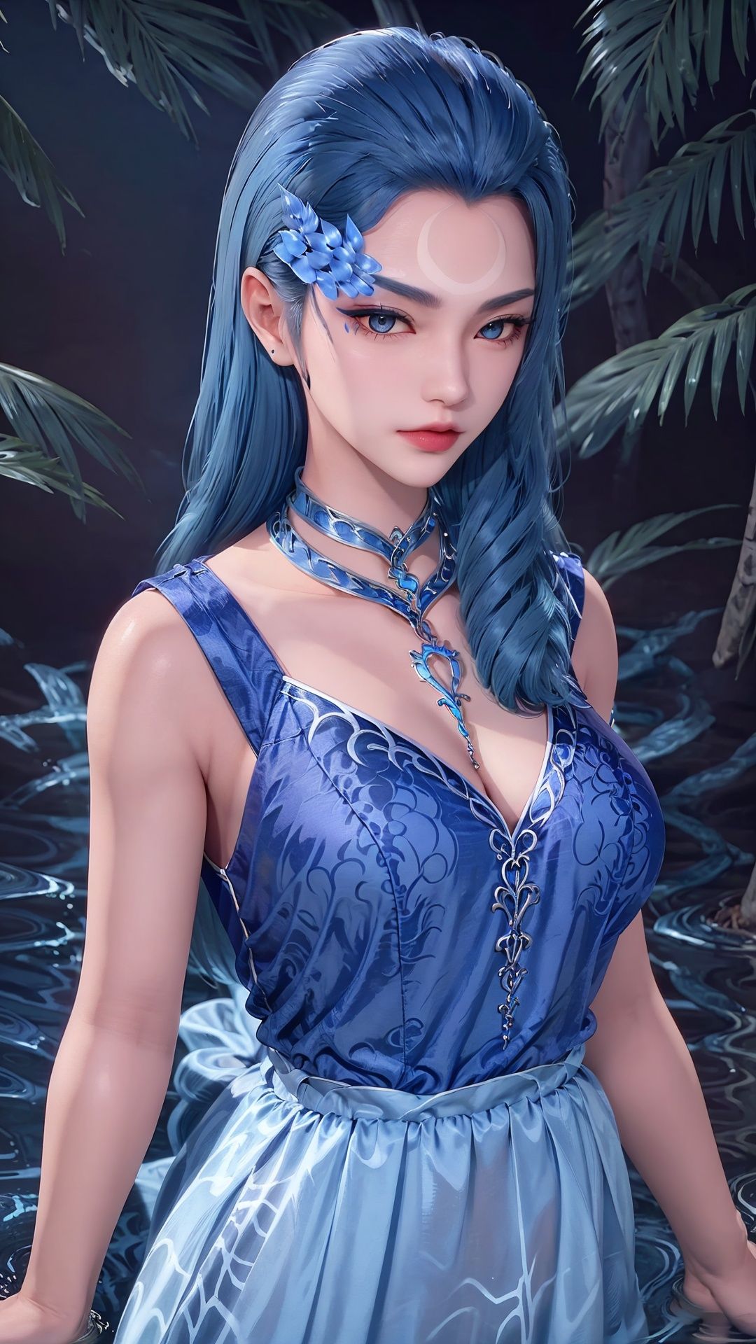 A woman with blue hair and a blue dress is posing for a photo, her arm extended, 1 girl, clothing, jewelry, long hair, outdoor, tree, necklace, solo, a woman posing with blue hair and blue clothes, 1 girl, necklace, solo, water element
