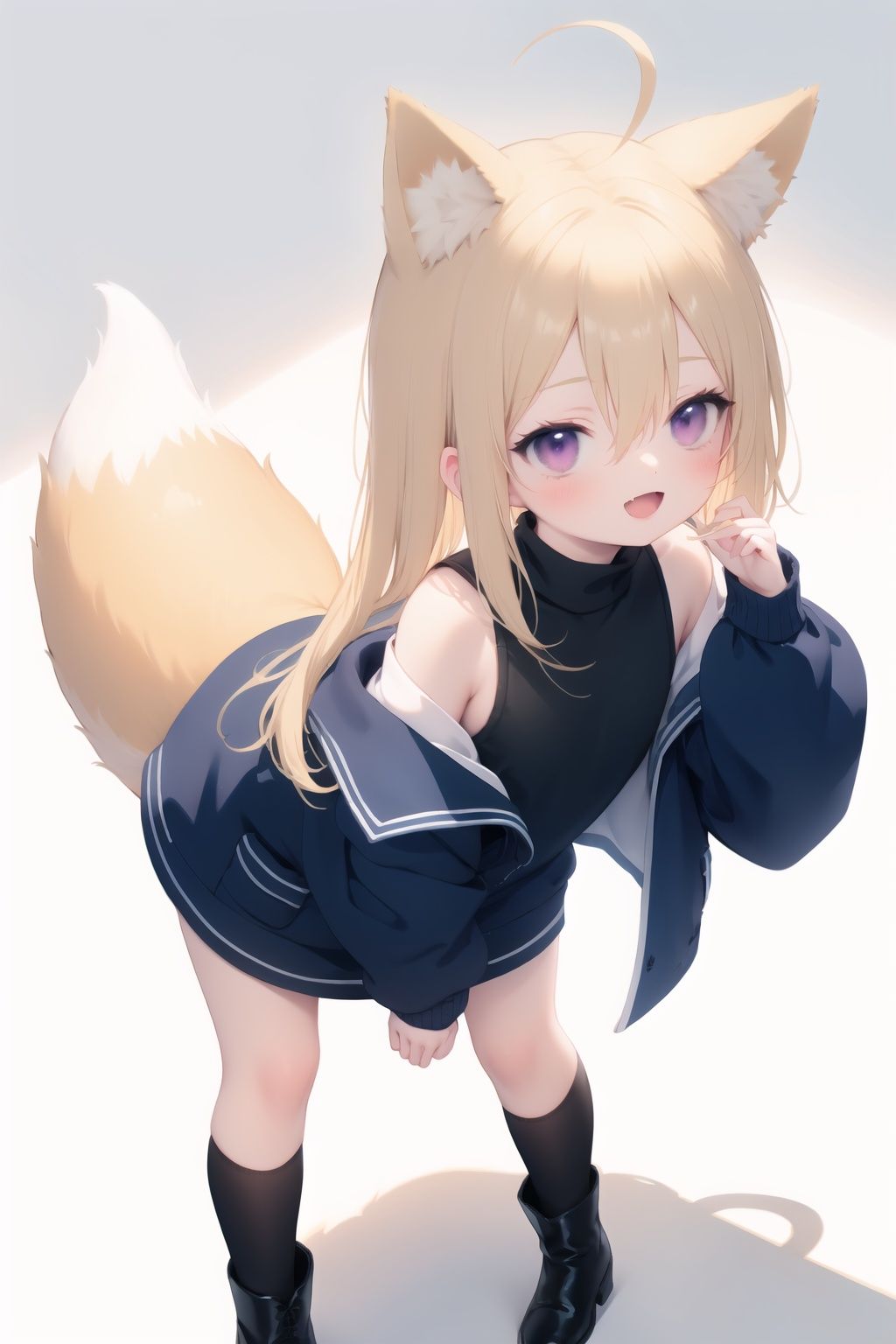 1girl, animal ears, solo, black footwear, long hair, tail, off shoulder, jacket, socks, white background, black jacket, full body, animal ear fluff, sleeves past wrists, long sleeves, very long hair, boots, looking at viewer, bangs, standing, open jacket, sleeveless, open clothes, ahoge, hair between eyes, hand up, simple background, bare shoulders, open mouth, dress, red eyes, black socks, white shirt, blonde hair, fang, puffy sleeves, purple eyes, puffy long sleeves, leaning forward, turtleneck, shirt, :d, fox ears, sleeveless dress, light brown hair, blue jacket, brown socks, smile, fox tail, shadow, fox girl, kneehighs, sweater