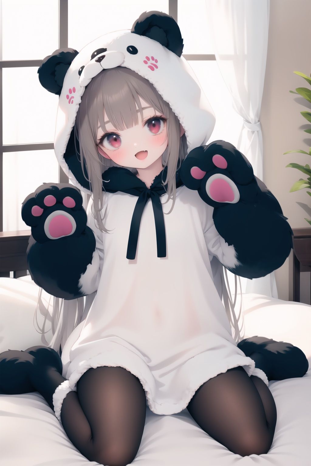  1girl, solo, long hair, smile, sitting, looking at viewer, wariza, open mouth, window, bangs, animal hands, gloves, :d, blush, socks, paw gloves, hands up, very long hair, indoors, animal hood, brown hair, hood, long sleeves, white socks, curtains, on bed, hood up, animal costume, no shoes, red eyes, bear ears, animal ears, fake animal ears, fang, bed sheet, grey hair