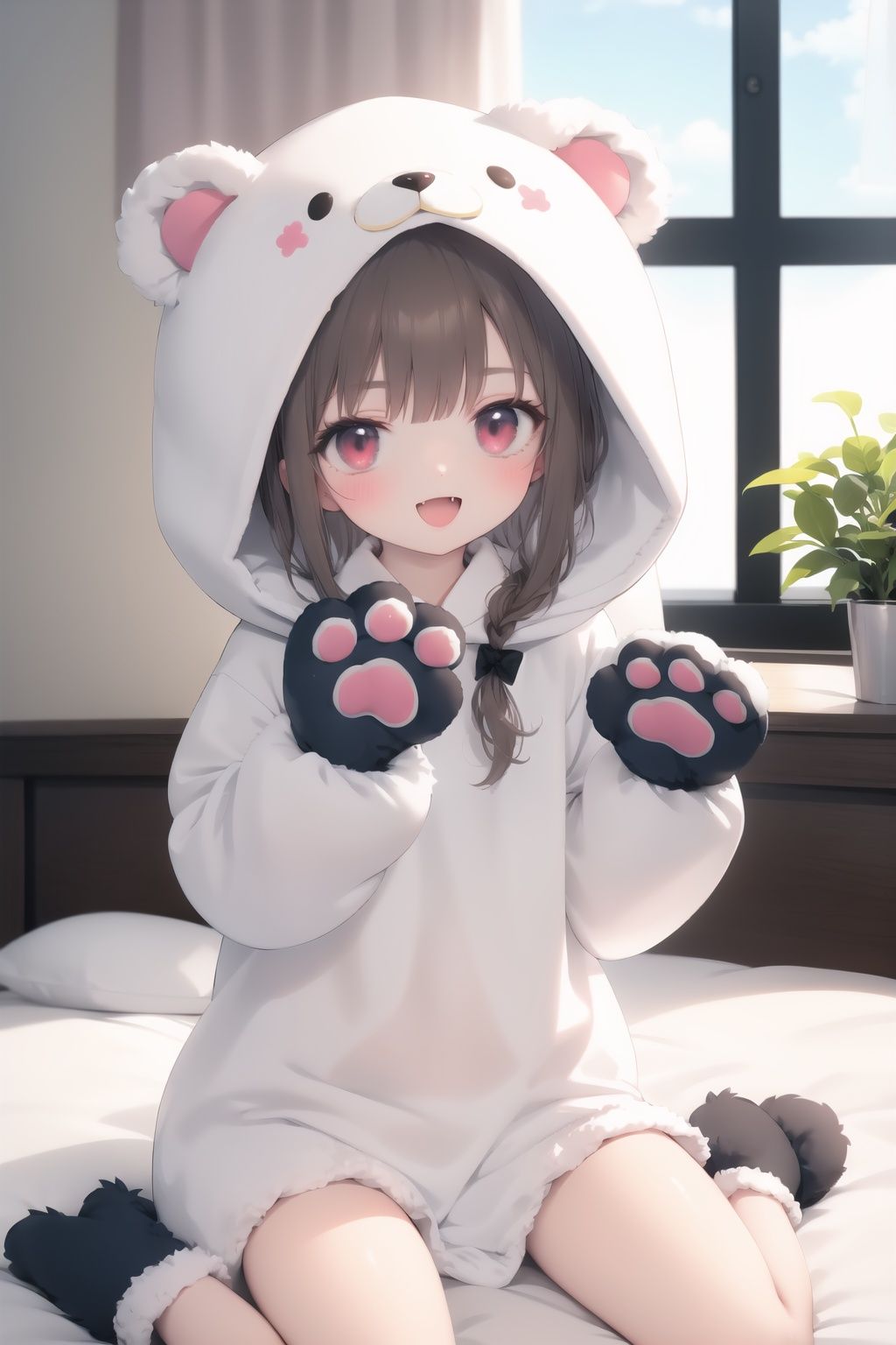  1girl, solo, long hair, smile, sitting, looking at viewer, wariza, open mouth, window, bangs, animal hands, gloves, :d, blush, socks, paw gloves, hands up, very long hair, indoors, animal hood, brown hair, hood, long sleeves, white socks, curtains, on bed, hood up, animal costume, no shoes, red eyes, bear ears, animal ears, fake animal ears, fang, bed sheet, grey hair