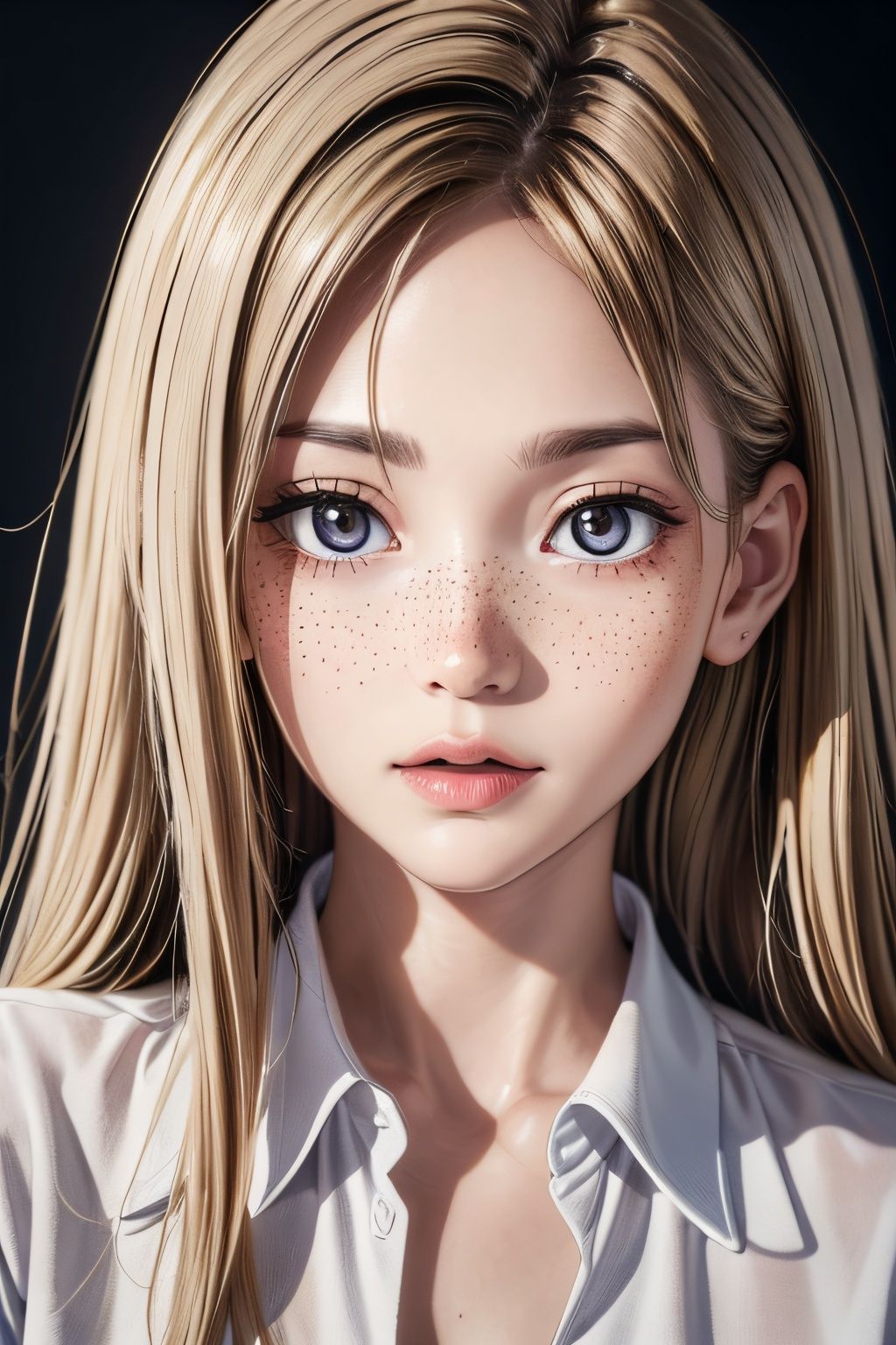 (highres,ultra-detailed,realistic:1.37),portrait,beautiful girl in a suit,white shirt,freckles,professional photography,close-up,upper body