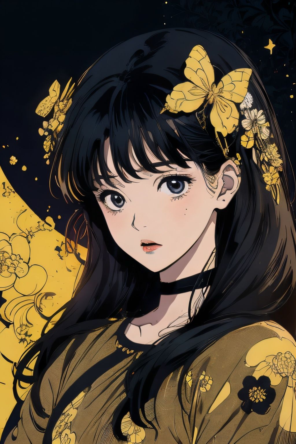 abstract art, (style of Yuko Shimizu:1.3), (black theme:1.1), gold theme, golden butterflies, dark stars, 1girl, field of white flowers, , facing viewer ,90s, 90s