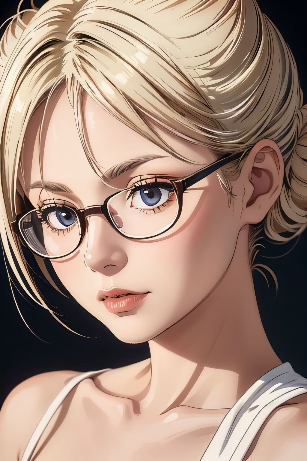 ,glasses, , Sharp Focus, , HaileyGrice, close-up:1.4, low key lighting, shot on Lumix GH5, cinematic bokeh, 2buns haircut, minimalistic background, sharp cheekbones, teasing, detailed skin, wrinkles, moles