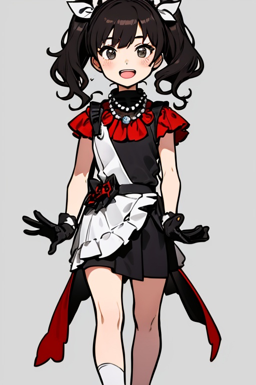 The girl has an open mouth. She is a girl wearing a black and red costume and a red necklace. She is a little girl doing s...