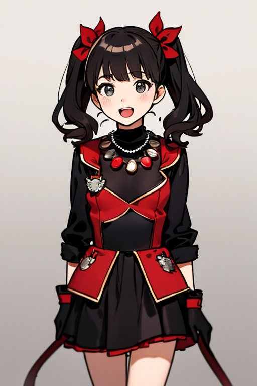 The girl has an open mouth. She is a girl wearing a black and red costume and a red necklace. She is a little girl doing s...